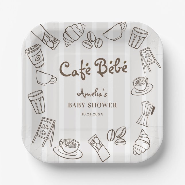 Cute Cafe Bebe Hand Drawn Baby Shower Paper Plates (Front)