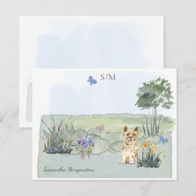 Cute Cairn Terrier Dog Butterfly Monogram & Name  Note Card (Front/Back)