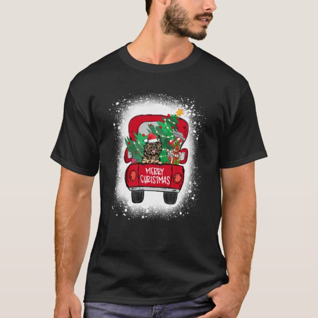Cute Cairn Terrier Red Truck Merry Christmas Bleac T-Shirt (Front)