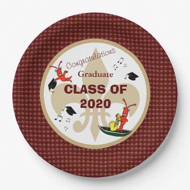 Cute Cajun Crawfish Maroon Gold Graduation Paper Plates (Front)
