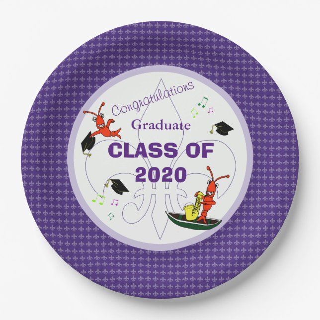 Cute Cajun Crawfish Purple Graduation Paper Plates (Front)
