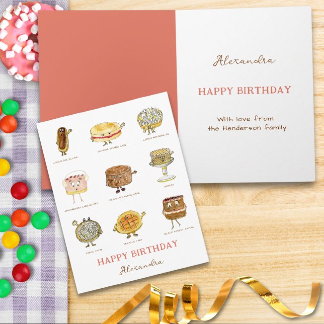 Cute Cake and Dessert Watercolor Happy Birthday Card (Cute cakes and desserts watercolor happy birthday custom greetings card for baking & cooking lovers)