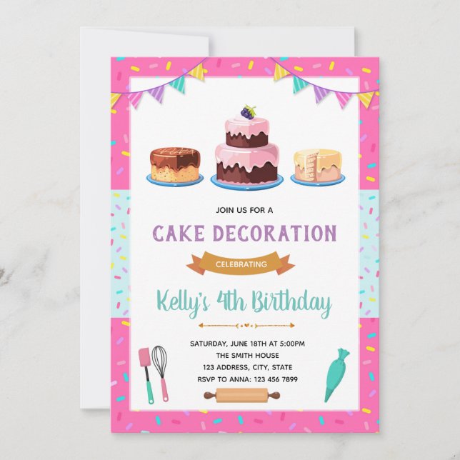 Cute cake decorating party invitation (Front)