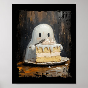 Cute Cake Ghost Eating Cake Funny Halloween Food L Poster
