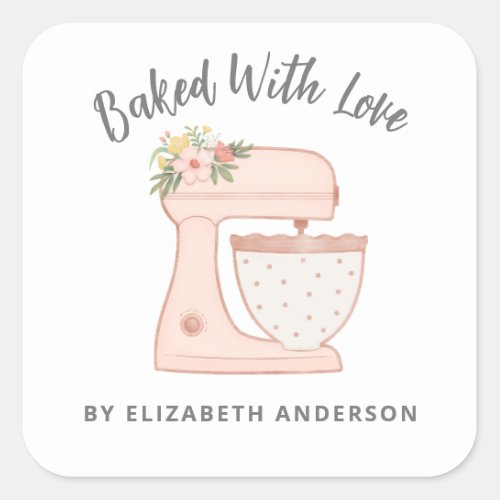 Cute Cake Mixer Baked With Love Square Sticker