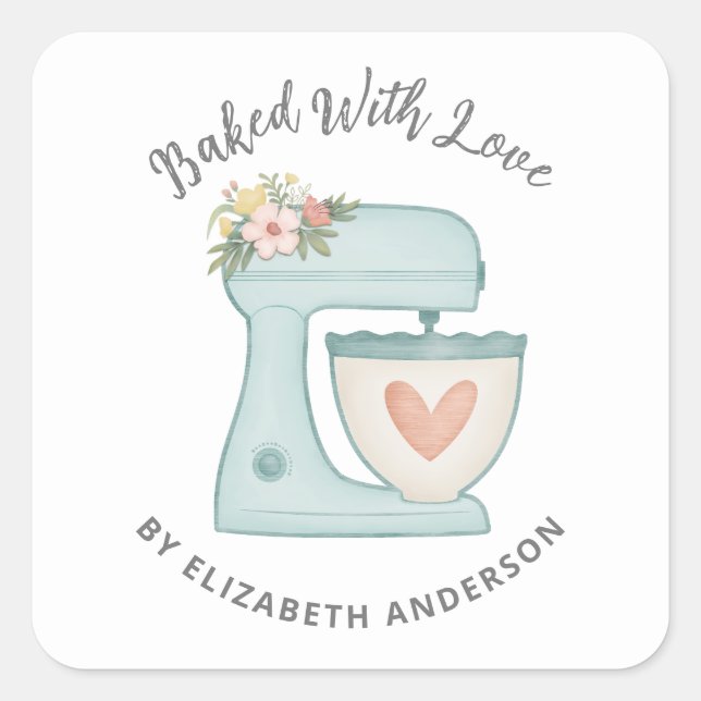 Cute Cake Mixer Baked With Love Square Sticker (Front)
