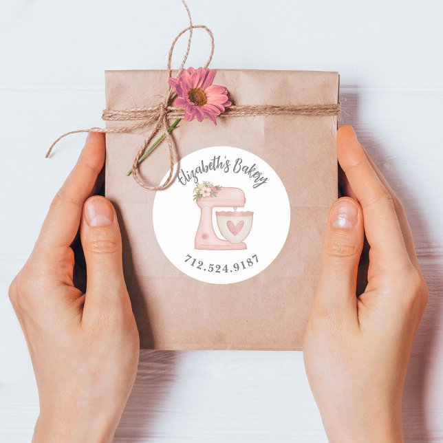 Cute Cake Mixer Bakery Business Classic Round Sticker (A cute business Bakery sticker decorated with a pink mixer. Personalize it with your information)