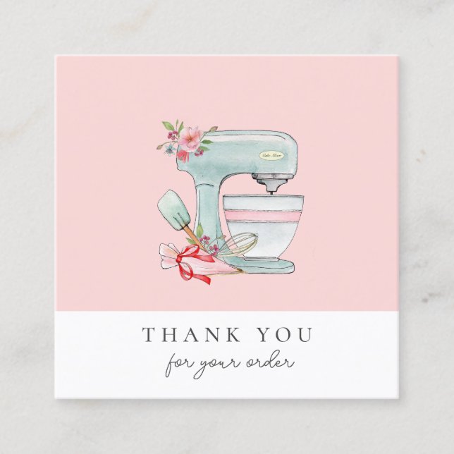 Cute cake mixer pink bakery Thank You Square Business Card (Front)