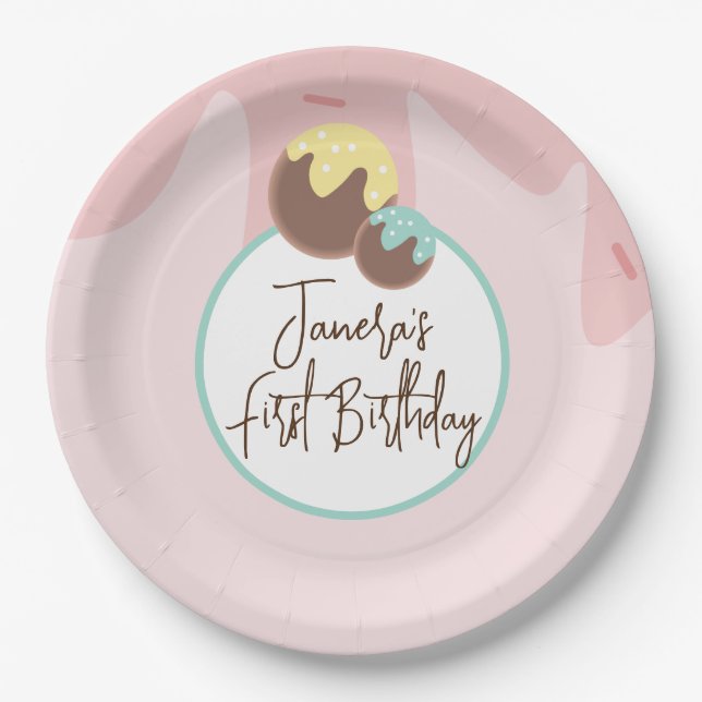 Cute Cakepop Balls First Birthday Frosting   Paper Plates (Front)