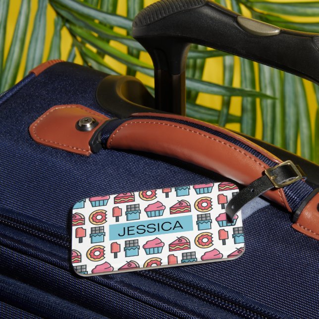 Cute Cakes and Desserts Pattern Personalised Luggage Tag (Front Insitu 3)