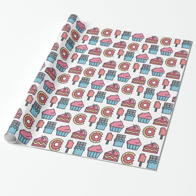 Cute Cakes and Desserts Pattern Wrapping Paper (Unrolled)