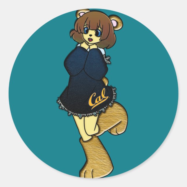 Cute Cal Bear Girl Classic Round Sticker (Front)