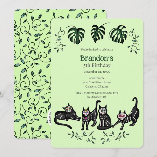 Cute Calavera Cats Kids Birthday Invitation Card (Front/Back)