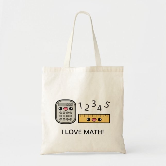 Cute Calculator And Ruler I Love Math Tote Bag (Front)