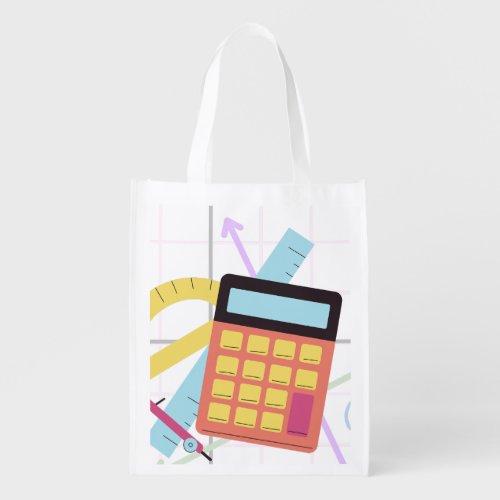 Cute Calculator and School Supplies Illustration Grocery Bag