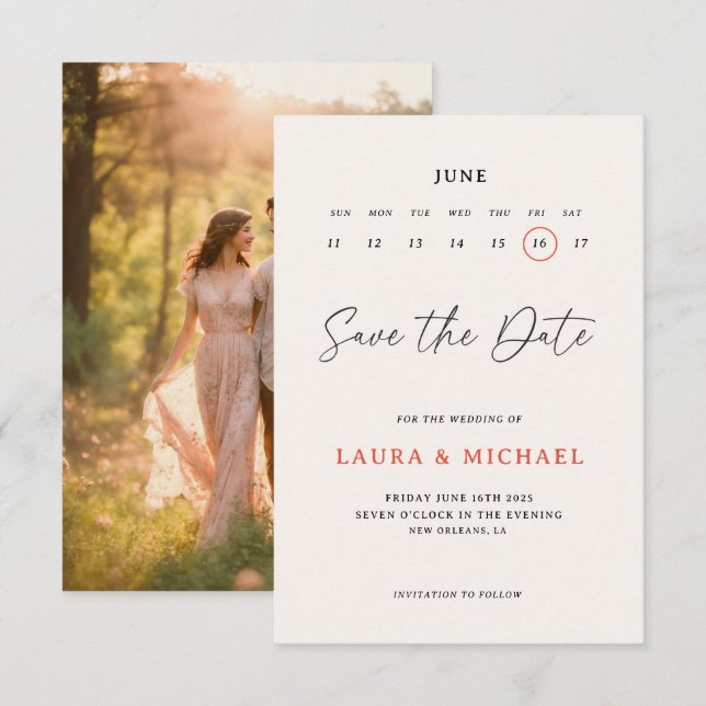 Cute Calendar Save The Date With Photo  Invitation (Front/Back)