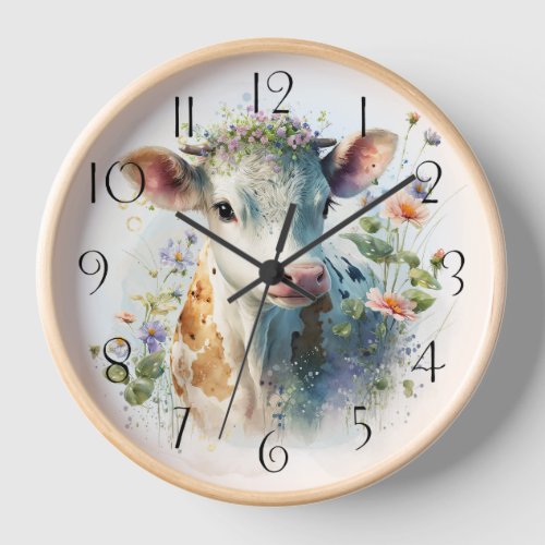 Cute Calf Cow Floral Watercolor Clock