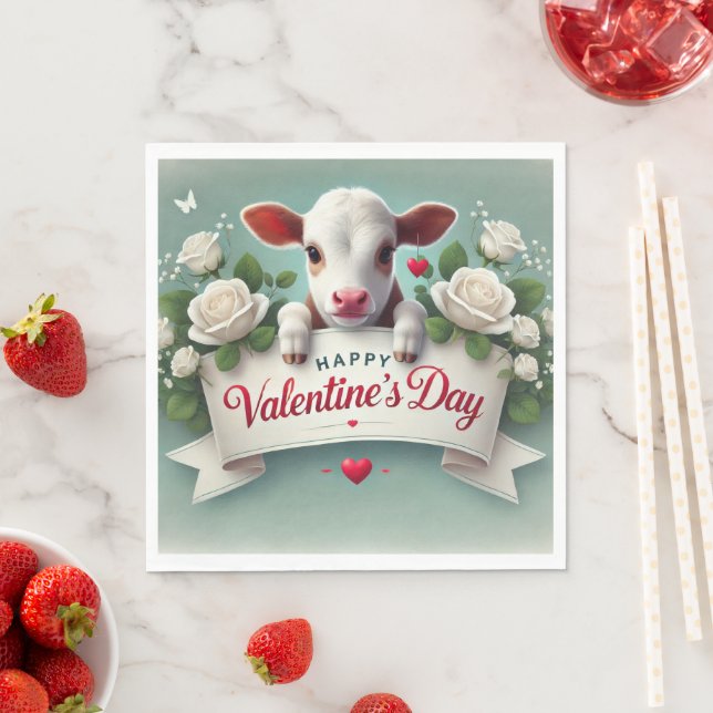 Cute Calf Holding Valentine's Day Greeting Banner  Napkins (Insitu)