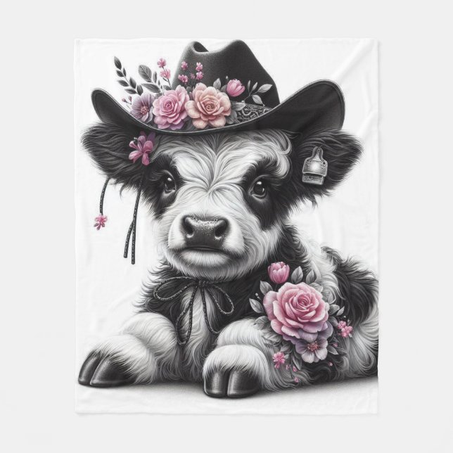 Cute Calf Wearing Hat Adorned with Flowers  Fleece Blanket (Front)