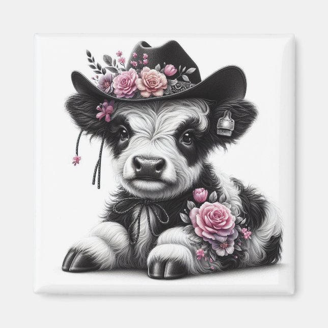Cute Calf Wearing Hat Adorned with Flowers Magnet (Front)