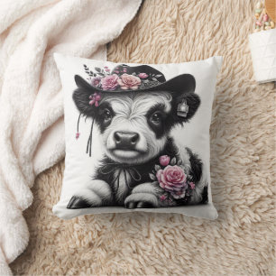 Cute Calf Wearing Hat Adorned with Flowers Throw Pillow