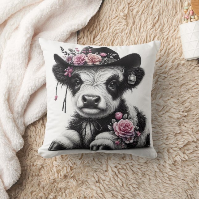 Cute Calf Wearing Hat Adorned with Flowers  Throw Pillow (Blanket)