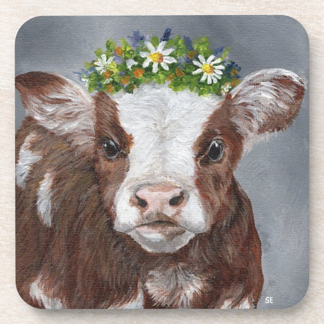 Cute Calf with Floral Crown Beverage Coaster (Front)