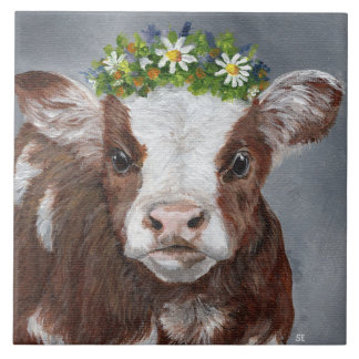 Cute Calf with Floral Crown Ceramic Tile