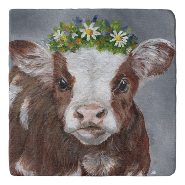 Cute Calf with Floral Crown Trivet (Front)