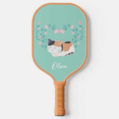 Cute Calico Cat and Floral Pickleball Paddle