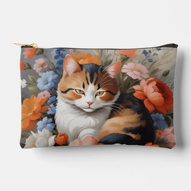 Cute calico cat and flowers accessory pouch (Front)