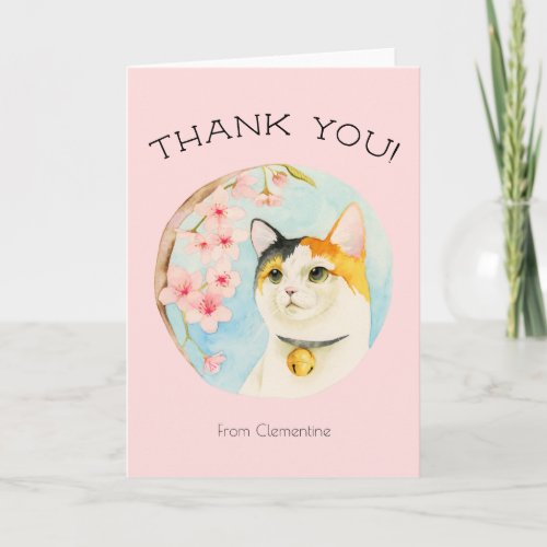 Cute Calico Cat and Pink Flowers  Thank You