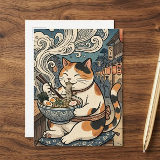 Cute Calico Cat Eating Ramen Japanese Art Postcard