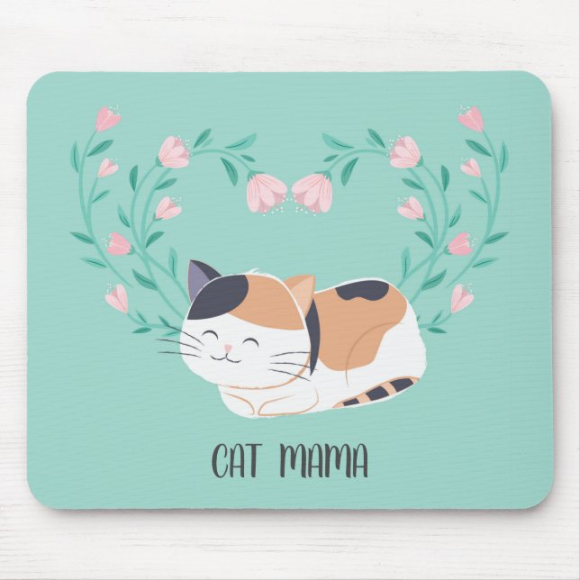 Cute Calico Cat Florals Personalized Mousepad (Front)