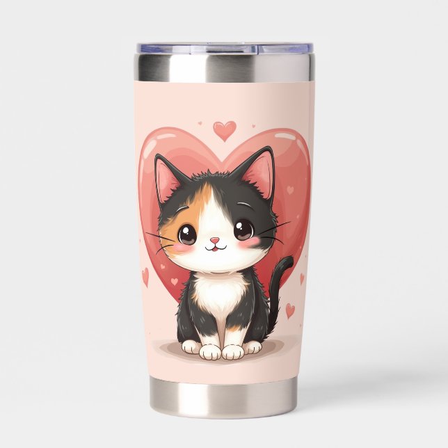 Cute Calico Cat Heart Kawaii Valentine’s Art Insulated Tumbler (Front)