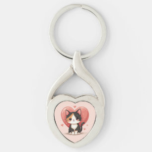 Cute Calico Cat Heart Kawaii Valentine’s Art Keychain