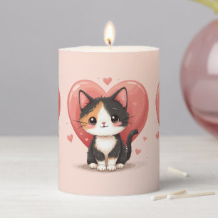 Cute Calico Cat Heart Kawaii Valentine’s Art Pillar Candle