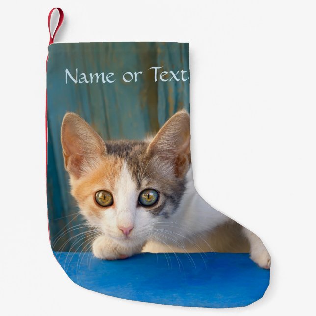 Cute Calico Cat Kitten Funny Curious Eyes - Name - Small Christmas Stocking (Front)