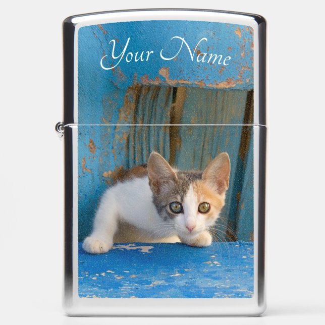 Cute Calico Cat Kitten Funny Curious Eyes - Name - Zippo Lighter (Front)