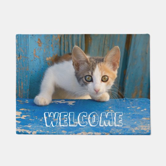Cute Calico Cat Kitten Funny Curious Eyes Welcome Doormat Zazzle Com