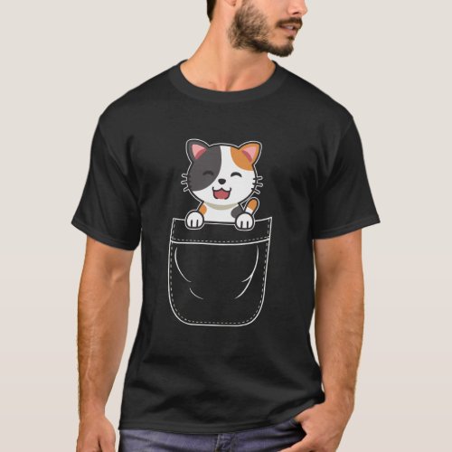 Cute Calico Cat Kitten In Pocket T_Shirt