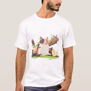 Cute Calico Cat Playing Flute in the Woods Illustr T-Shirt