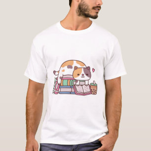 Cute Calico Cat Reading A Book On Stack Of Books T-Shirt