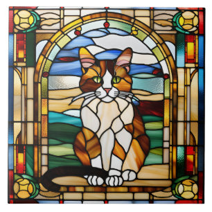 Cute Calico Cat Stained Glass Decorative Tile