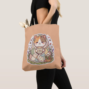 Cute Calico Cat Stay Cozy Cottagecore Kawaii Tote Bag