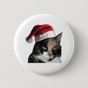 Cute Calico Cat Wearing Santa Hat Button