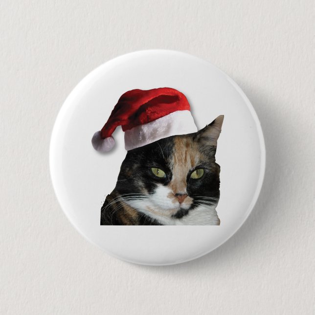 Cute Calico Cat Wearing Santa Hat Button (Front)