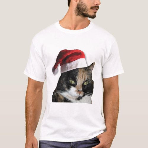 Cute Calico Cat Wearing Santa Hat T_Shirt