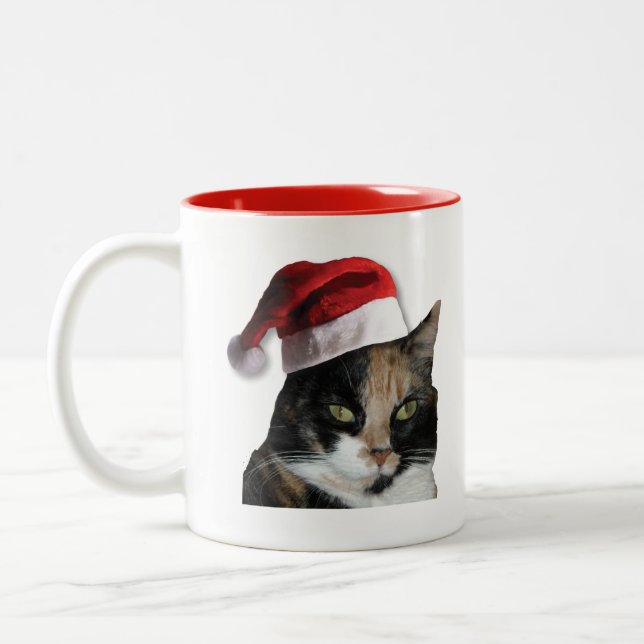 Cute Calico Cat Wearing Santa Hat Two-Tone Coffee Mug (Left)