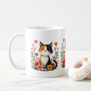 Cute Calico Cat with Floral Cottagecore Aesthetic Coffee Mug